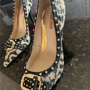 Miu Miu Black and Cream Patterned Heels with Studs